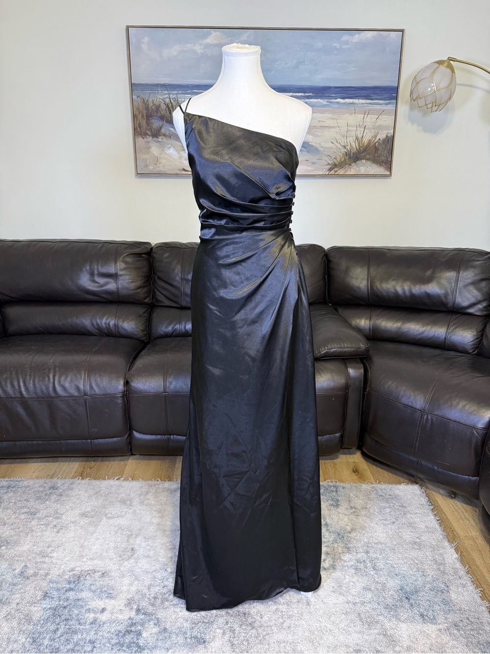 Galina Signature One Shoulder Black Satin Formal Gown Prom Gala Dress Size 2